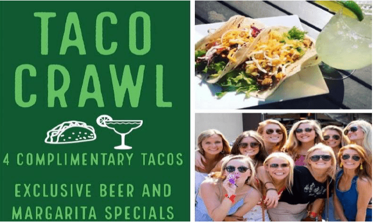 Taco Crawl promotional graphic featuring details about complimentary tacos and drink specials, alongside images of tacos and a group of friends enjoying the event.