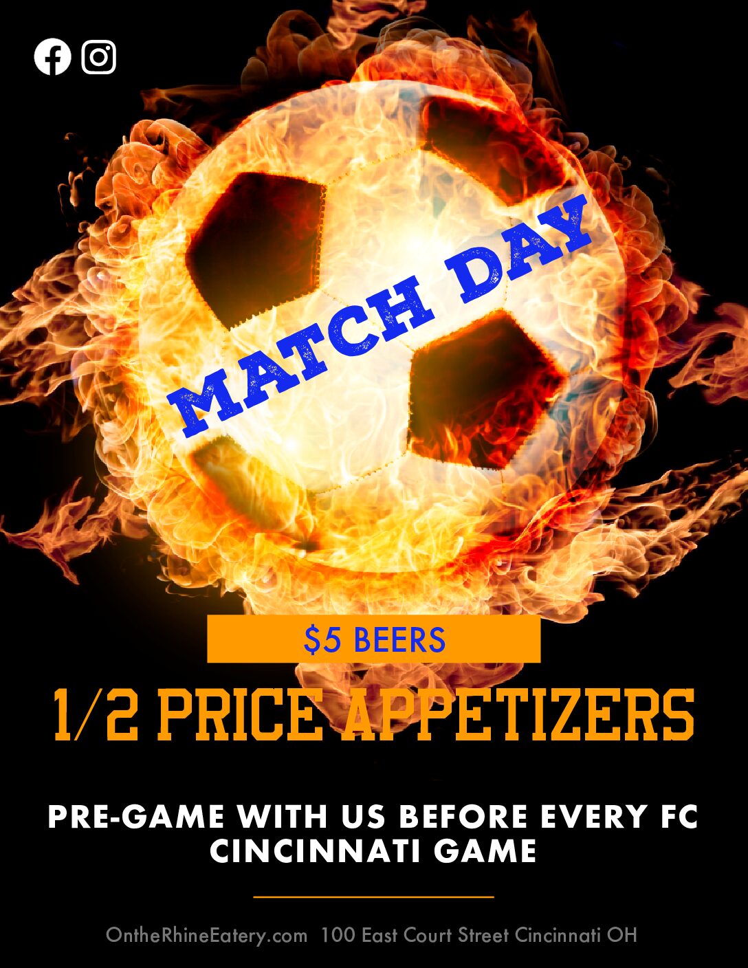 "Promotional graphic for match day featuring a flaming soccer ball. Offers $5 beers and half-price appetizers before FC Cincinnati games."